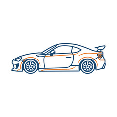 Obraz premium Minimalist luxury electric coupe silhouette with ultra clean blue outline and orange accents, modern automotive logo illustration