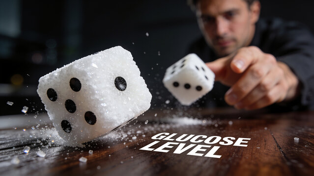 Extreme close-up of two white sugar cubes with dots shaped like game dice rolling on a wooden table near the printed text "GLUCOSE LEVEL" . Blood sugar measurement and diabetes risk concept