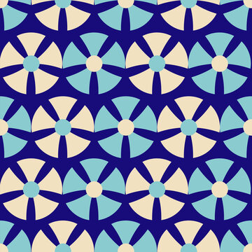 Geometric seamless pattern blue abstract floral pinwheel motifs in cream and teal on a deep blue background. Modern flower retro design, repeating symmetry, minimalist style, vibrant contrast. vector