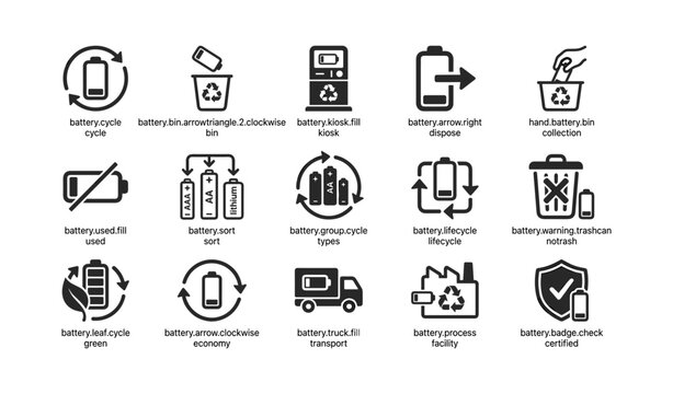 Battery recycling and disposal icons on white background