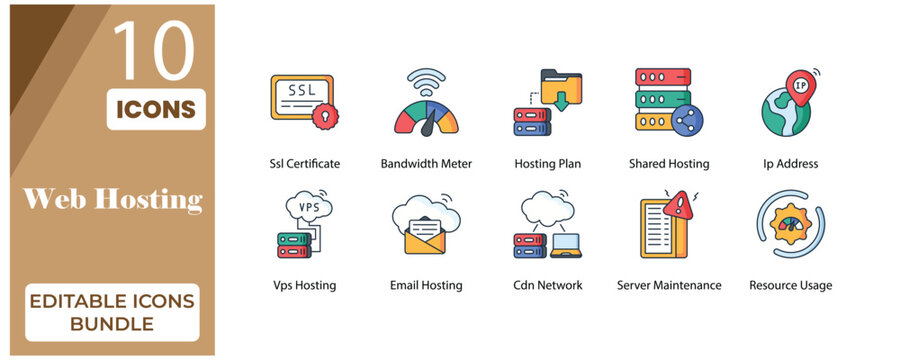 Web Hosting Editable Icons Bundle &ndash; Modern Line Style Server, Domain & Cloud Hosting Icons