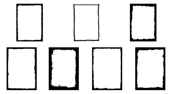 Vintage grunge photo frames, set of 7 distressed borders, black ink texture edges