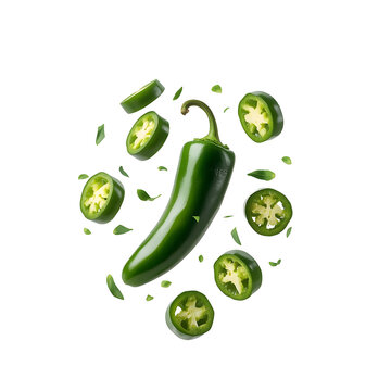 Fresh green jalapeno pepper slices and pieces floating in air around whole pepper on white background with scattered small leaves