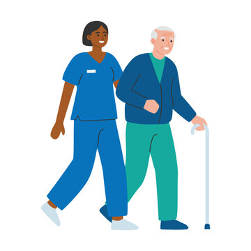 Caregiver and senior man walking together. Flat design graphic element for home care, nursing homes, and physical therapy.