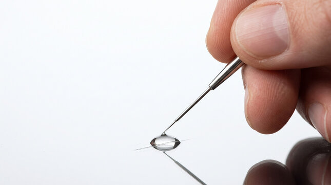 Hand holding metal pin tool placing clear liquid drop on reflective surface