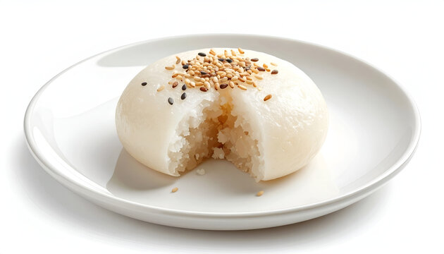 A soft white steamed rice bun bao sprinkled with black and white sesame seeds on a white ceramic plate