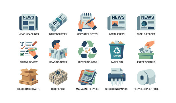 Newspaper and paper recycling icons on white background