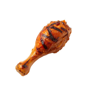Grilled chicken leg with caramelized glaze and dark grill marks on a white background showcasing a delicious looking piece of barbecue