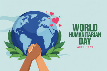World humanitarian day commemoration with global planet earth and helping hands united symbol humanitarian cooperation solidarity together community altruism kindness
