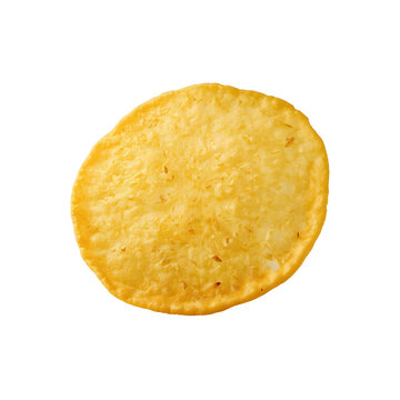 A single crispy golden brown potato chip on a white background