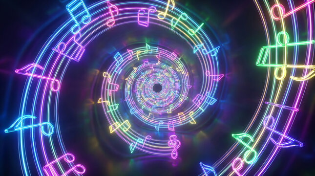 Colorful musical notes swirling in neon spiral pattern Generative AI