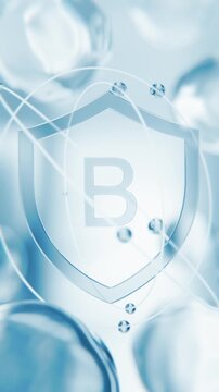 Vitamin B complex Blue shield symbol in 3D animation abstract background. Niacinamide and biotin molecular structure background with transparent liquid cells and rotating structures