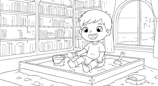 Happy child playing in a sandbox with bookshelves in background.