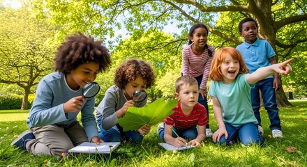 Fototapeta premium Diverse Group of Happy Children Exploring Nature with Magnifying Glass and Notebooks in a Sunny Park.