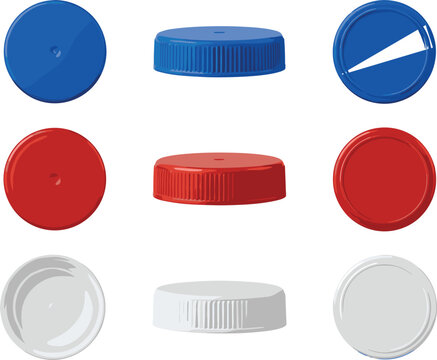 Plastic bottle caps set showing different angles and colors for beverage container packaging design illustrations