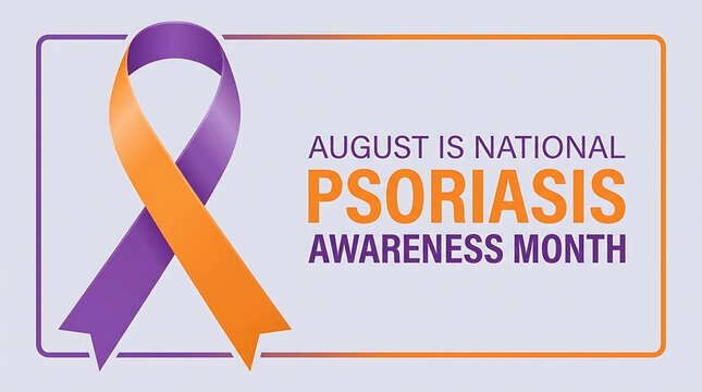 August is national psoriasis awareness month with purple and orange ribbon providing information and encouraging understanding for disease condition.