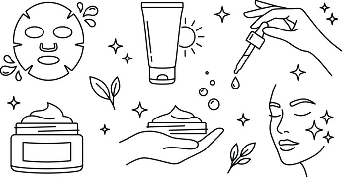 Skincare and beauty line art icon set featuring sheet mask sunscreen tube serum dropper cream jar and face