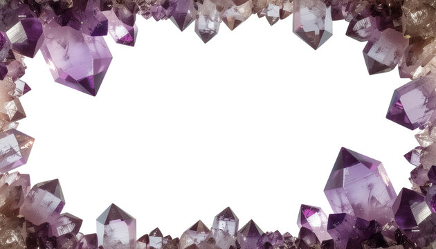 Purple amethyst quartz gemstone crystal border frame with empty copy space in the middle