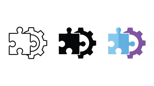 Puzzle piece connecting with a gear representing a working solution