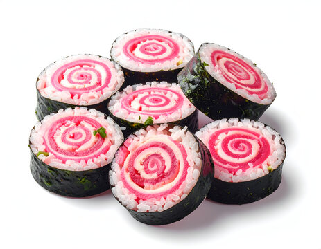 Sliced Japanese narutomaki fish cake roll with pink spiral pattern isolated on white background mockup
