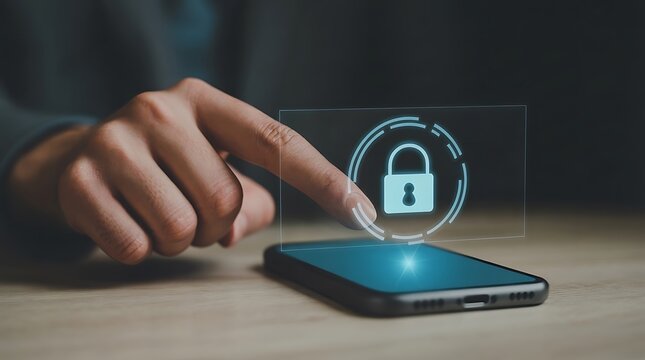 Person touching phone screen displaying digital padlock for security and privacy.
