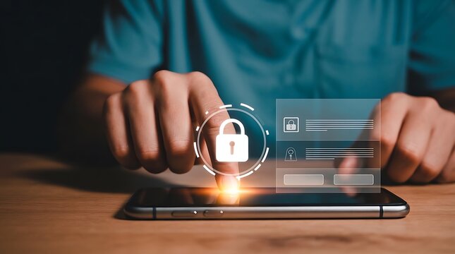 Finger interaction with smartphone security interface showing padlock and user data.