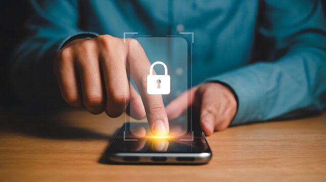 User finger pressing virtual padlock icon on smartphone for data security.