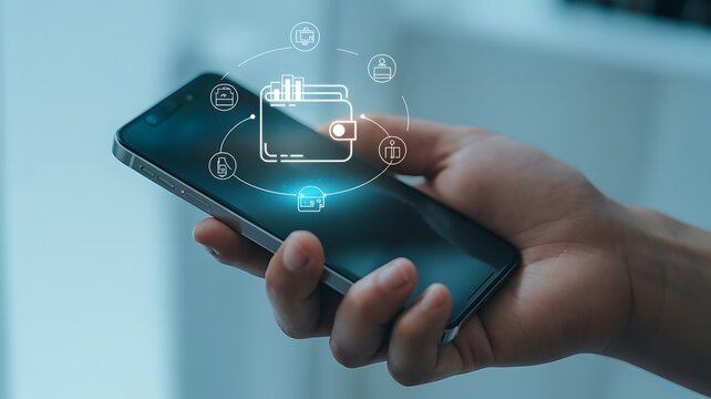 Person holding smartphone with digital wallet and financial icons on screen.