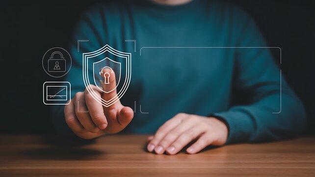 Cybersecurity concept with digital shield and lock icon on screen.