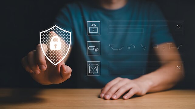 Cybersecurity concept with digital shield and lock icon on screen.