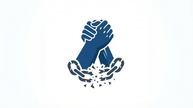 Breaking free hands, shattering chains, freedom symbol, blue vector icon
