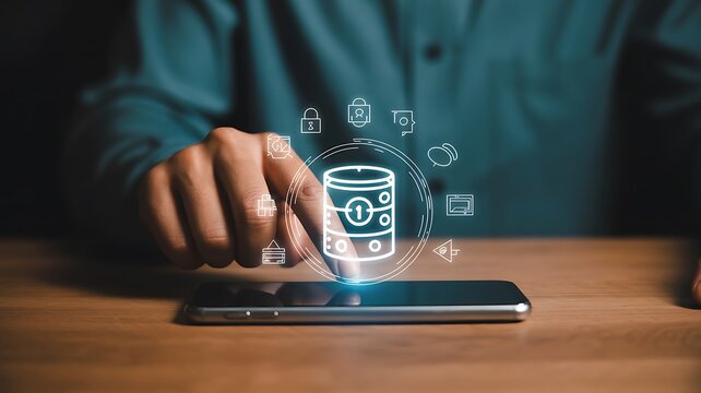 Data security concept with coins and lock icon on smartphone screen.