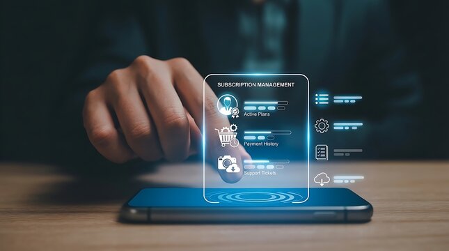 Person uses phone for subscription management with digital interface.