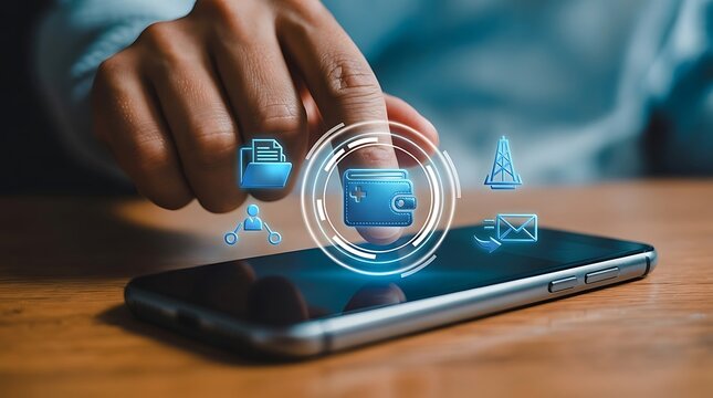 Person touches digital wallet icon on futuristic phone screen with financial icons.