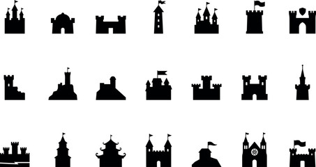 Collection of diverse black castle silhouettes and fortress icons representing strength and medieval history on white background. ©  Victory Pixel