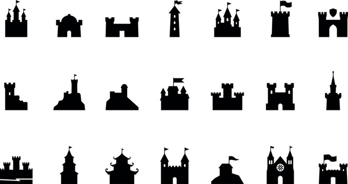 Collection of diverse black castle silhouettes and fortress icons representing strength and medieval history on white background.