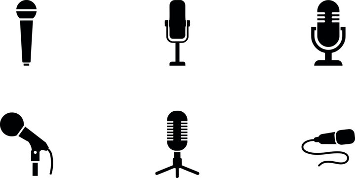 Collection of professional microphone silhouettes for studio recording and live performance, highlighting clear vocal audio.