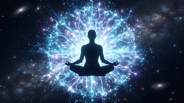 Silhouette of a Meditating Person with Cosmic Particle Explosion Effect, Astral Projection Energy, Spiritual Awakening and Mystical Universe Background