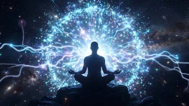Silhouette of a Meditating Person with Cosmic Particle Explosion Effect, Astral Projection Energy, Spiritual Awakening and Mystical Universe Background