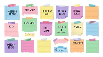 Naklejka premium Colorful sticky notes with handwritten reminders and tape