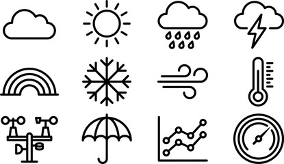 Naklejka premium Set of minimalist weather and meteorology outline icons.
