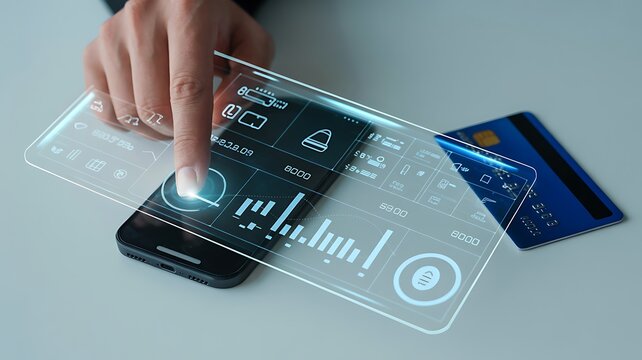 Hand interacting with virtual financial dashboard on mobile device.