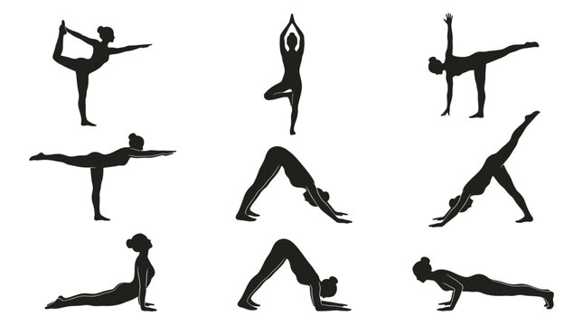 Black silhouette vector illustration set showing various yoga poses performed by a flexible athletic woman