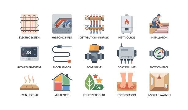 Underfloor heating and control icons showing system components