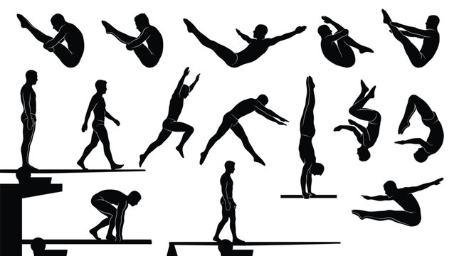 Detailed vector illustration set featuring various silhouettes of male athletes performing professional high board dives