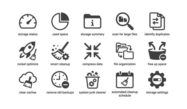 Storage optimization and cleanup icons in monochrome grid