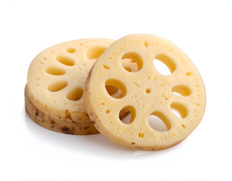 Clean slices of lotus root displaying symmetric air hole patterns placed side by side on a white surface