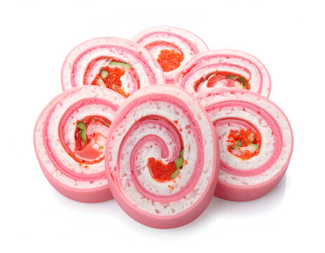 Slices of delicate pink and white Japanese kamaboko narutomaki fish cake rolls for ramen toppings