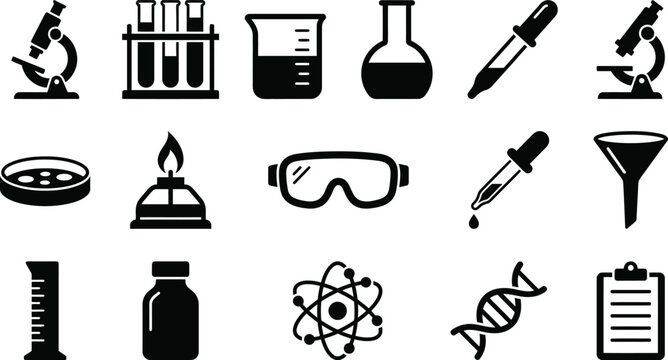 Black and white silhouette icons of various science research equipment for educational use