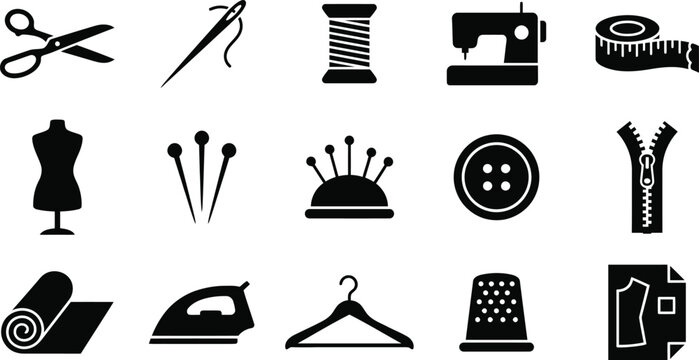 Black and white silhouette icons of various sewing and tailoring tools apparel